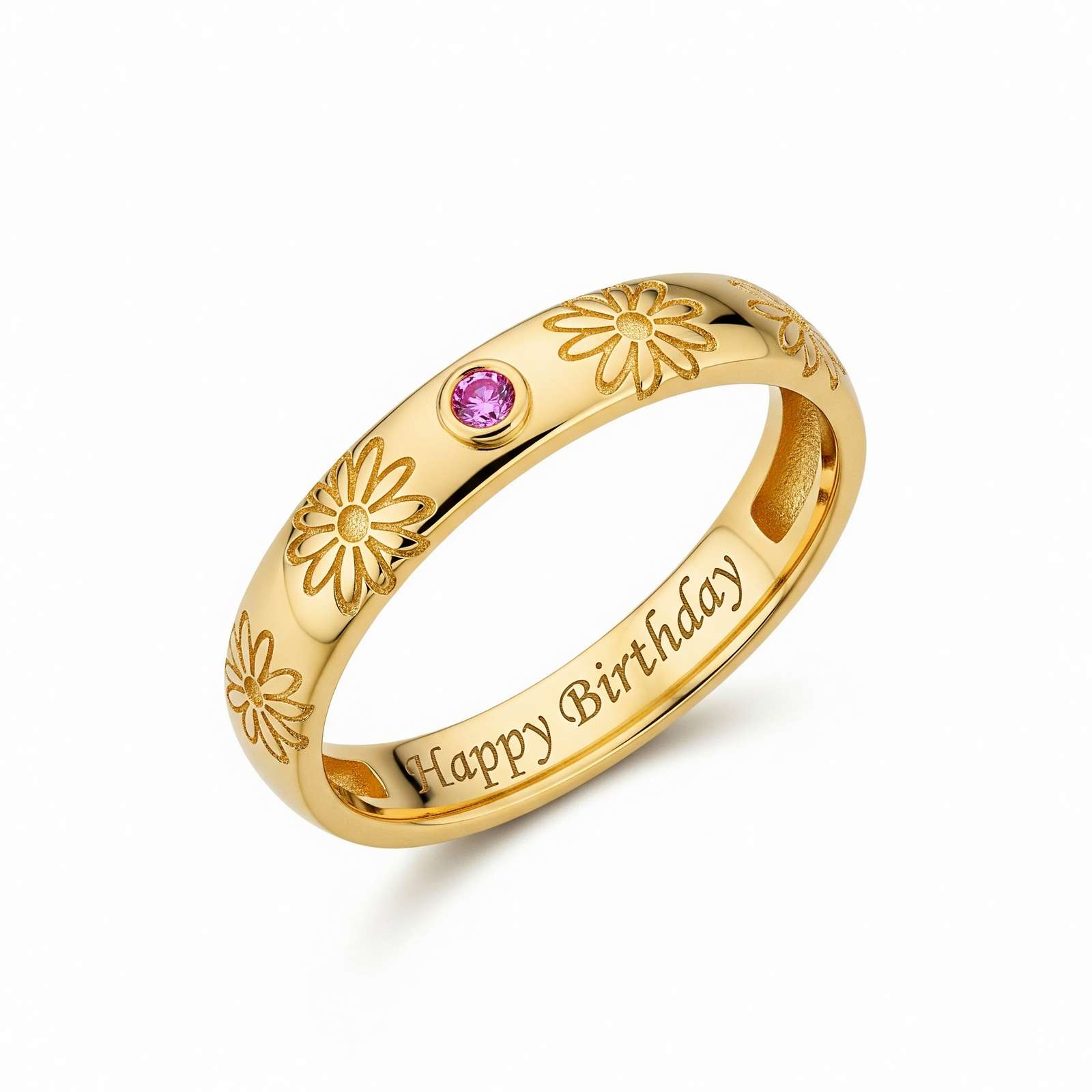 Dainty Keepsake 12 Month Customized Stainless Steel Birth Flower Ring – Engraved Floral Birthday Ring for Her – Gold Daisy Birthstone Stacking Ring
