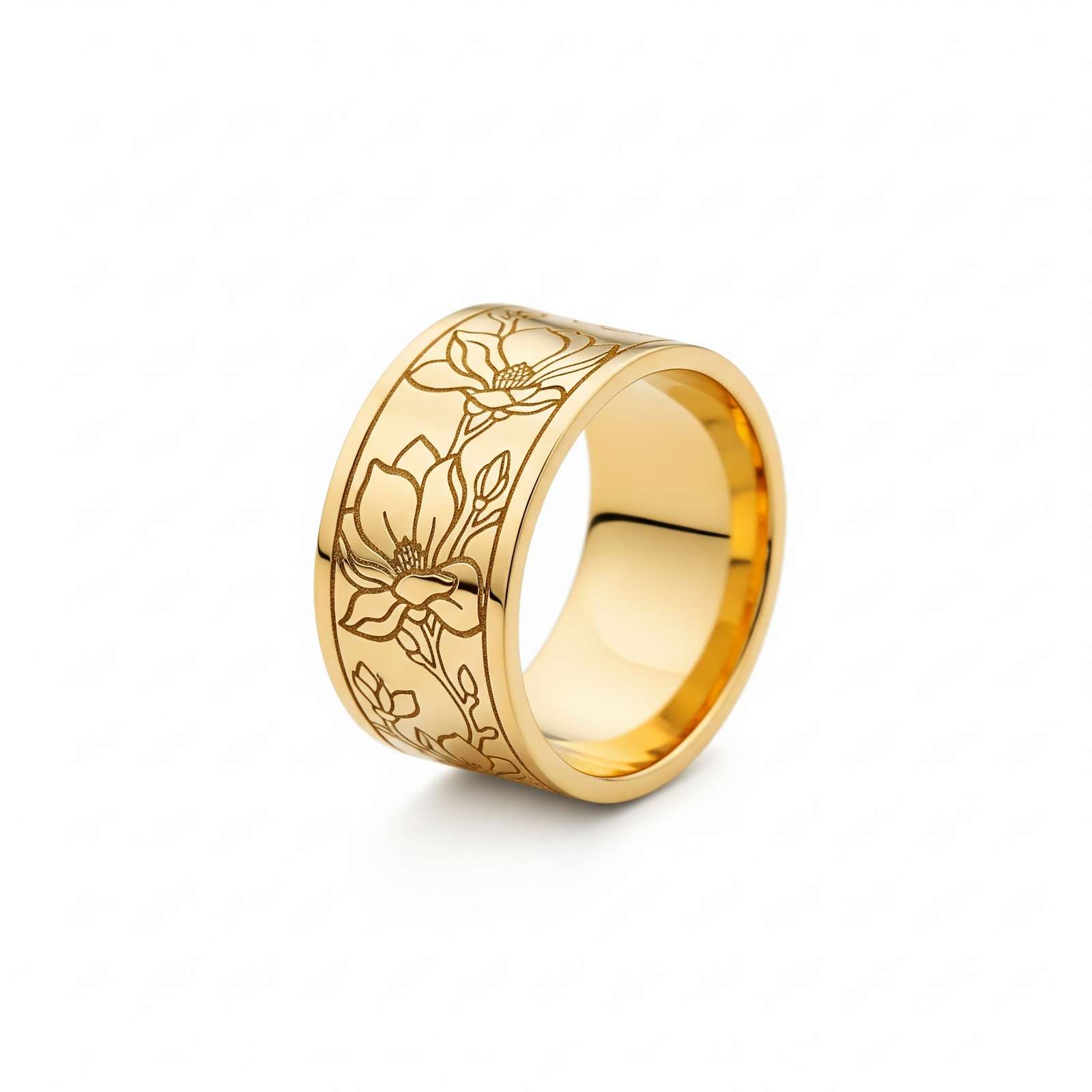 Dainty Keepsake Birth Flower Ring – Wide Gold Floral Engraved Ring with 12 Month Customized Stainless Steel Design
