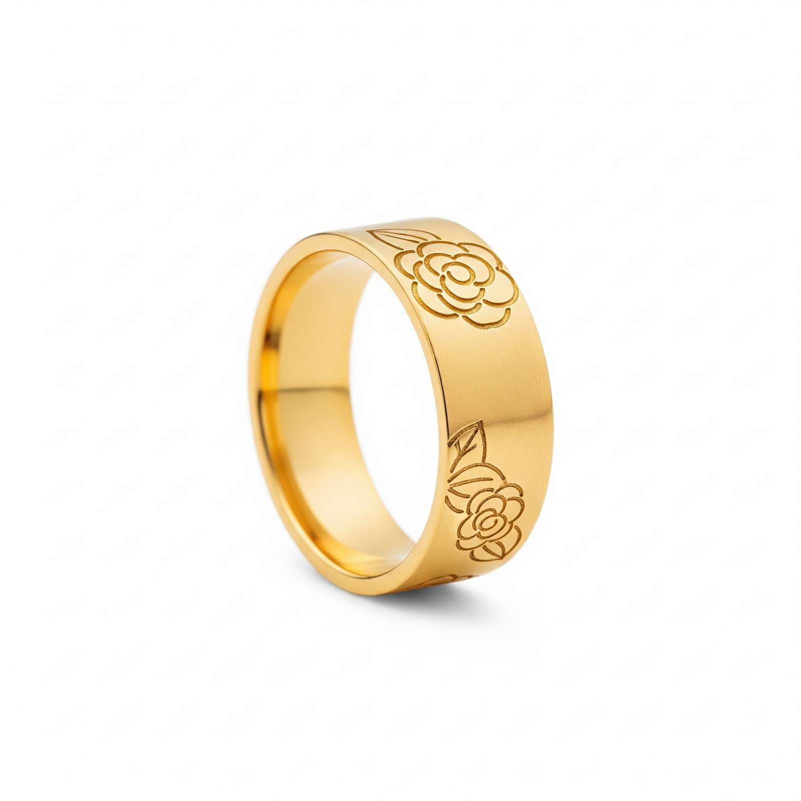 Floral Engraved Gold Ring for Women – Elegant Gold Band Ring, Flower Pattern Jewelry, Unique Gold Engagement Ring, Polished Wide Band Ring