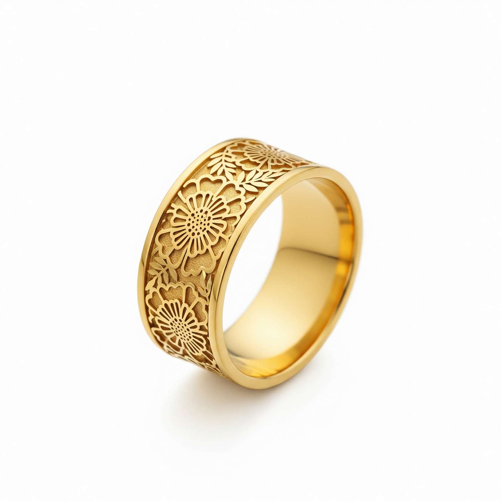 Dainty Keepsake 12 Month Customized Stainless Steel Birth Flower Ring - Gold Floral Engraved Wide Band Ring, Personalized Flower Pattern Gold Ring