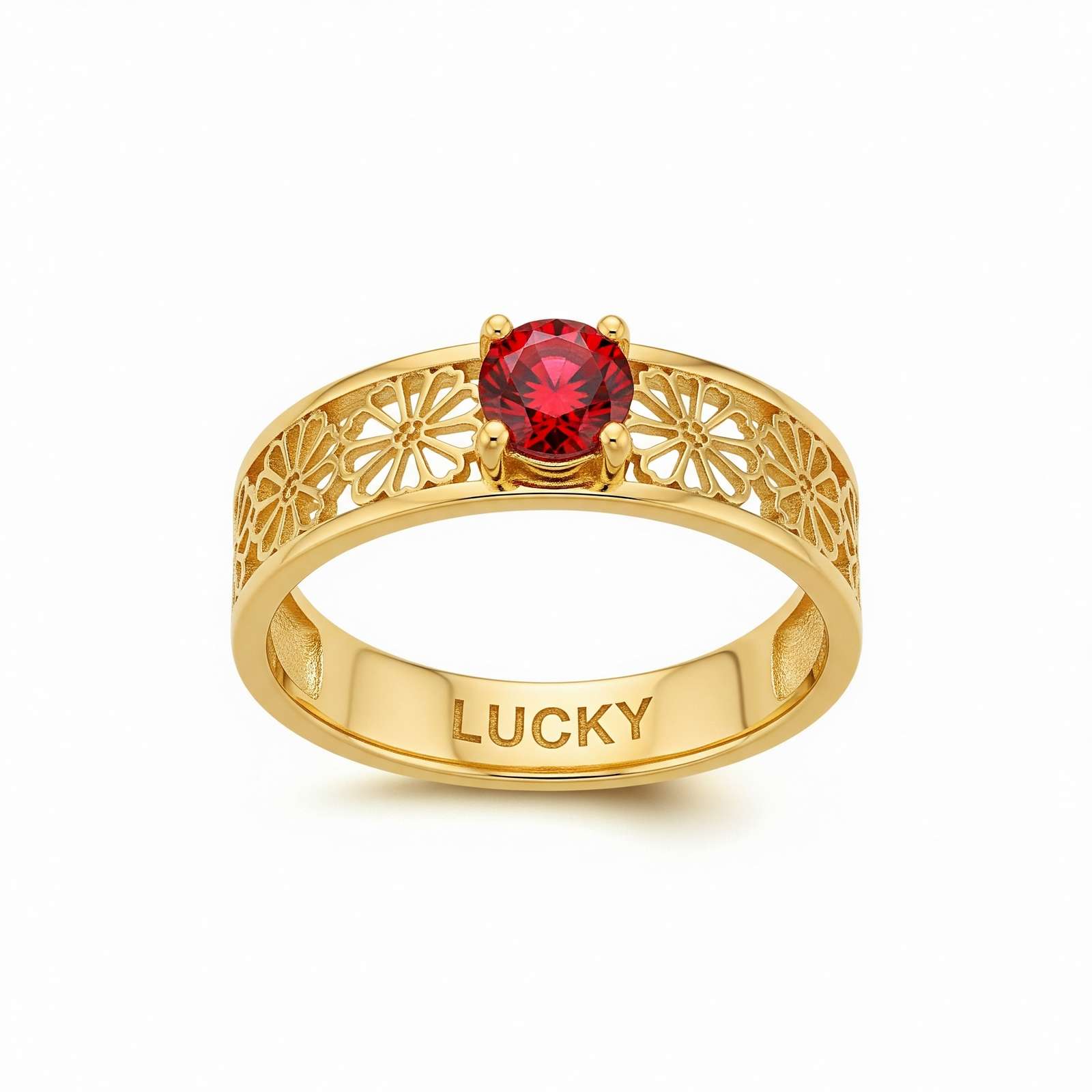 Dainty Keepsake Ring with Intricate Floral Design – Custom Flower Birthstone Ring Featuring a Vibrant Lucky Red Gemstone Ring for Timeless Elegance