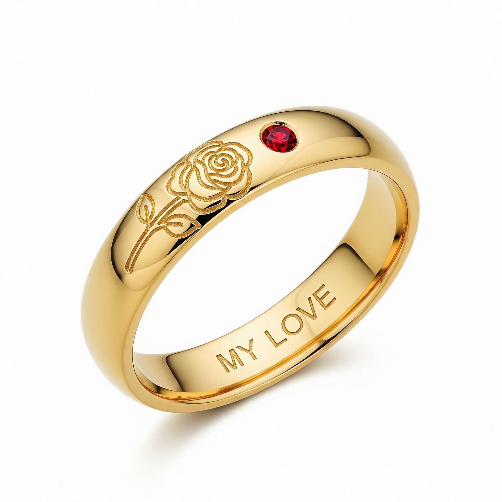 Elegant Customized Gold Rose Ring with Ruby Accent – Engraved Love Message Ring for Her – Dainty Keepsake Flower Ring for Meaningful Gifting