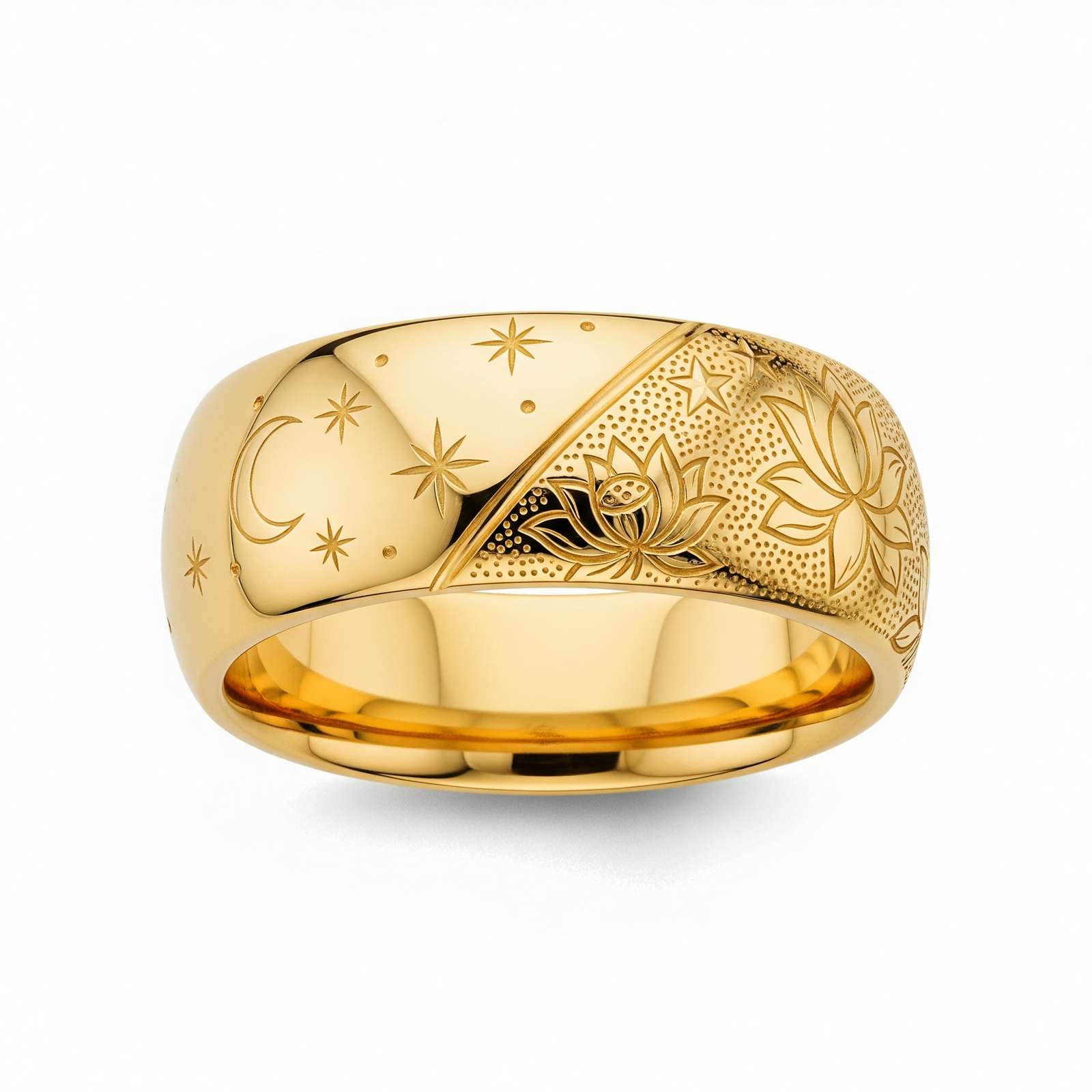 Dainty Keepsake 12 Month Customized Stainless Steel Birth Flower Ring – Celestial Lotus Engraved Gold Statement Ring with Wide Band Moon Star Flower Symbolism Jewelry