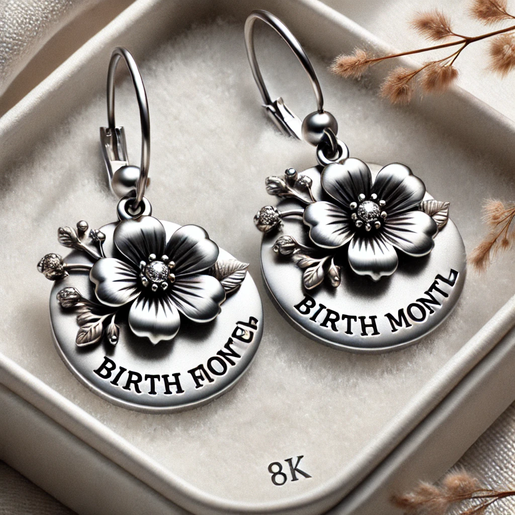 "Custom Stainless Steel Birth Flower Earrings, Personalized Birth Month Floral Dangle Earrings"