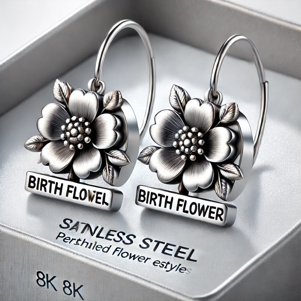Custom Stainless Steel Birth Flower Earrings - Personalized Floral Dangle Earrings