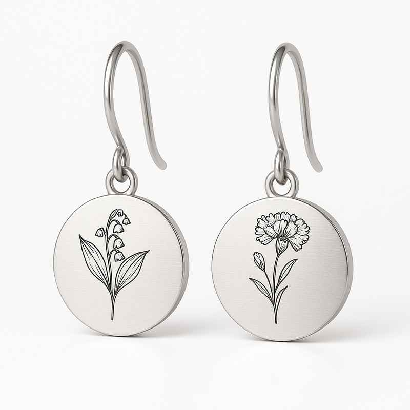 Custom Stainless Steel Birth Flower Earrings - Personalized Dangle Earrings