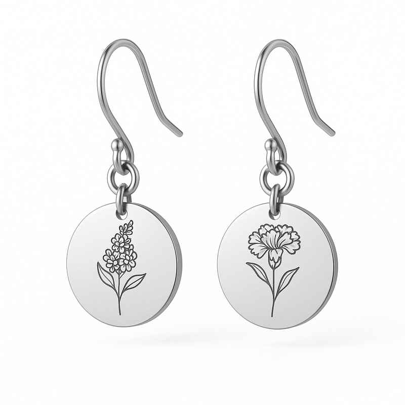 Custom Stainless Steel Birth Flower Earrings - Personalized Floral Dangle Drop Earrings