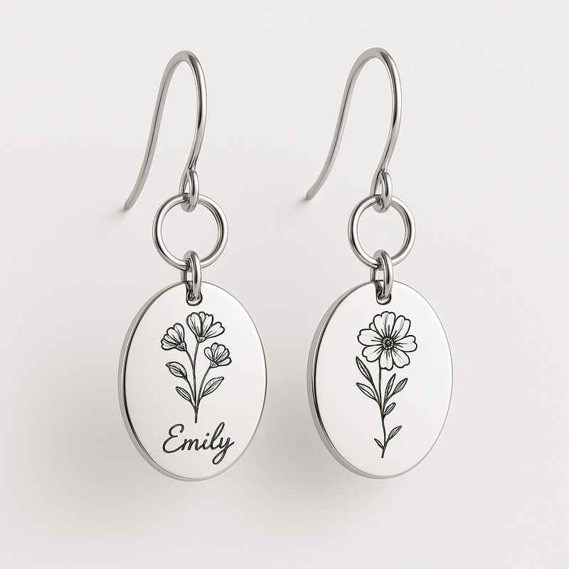 Custom Stainless Steel Birth Flower Earrings - Personalized Floral Drop Dangle Earrings
