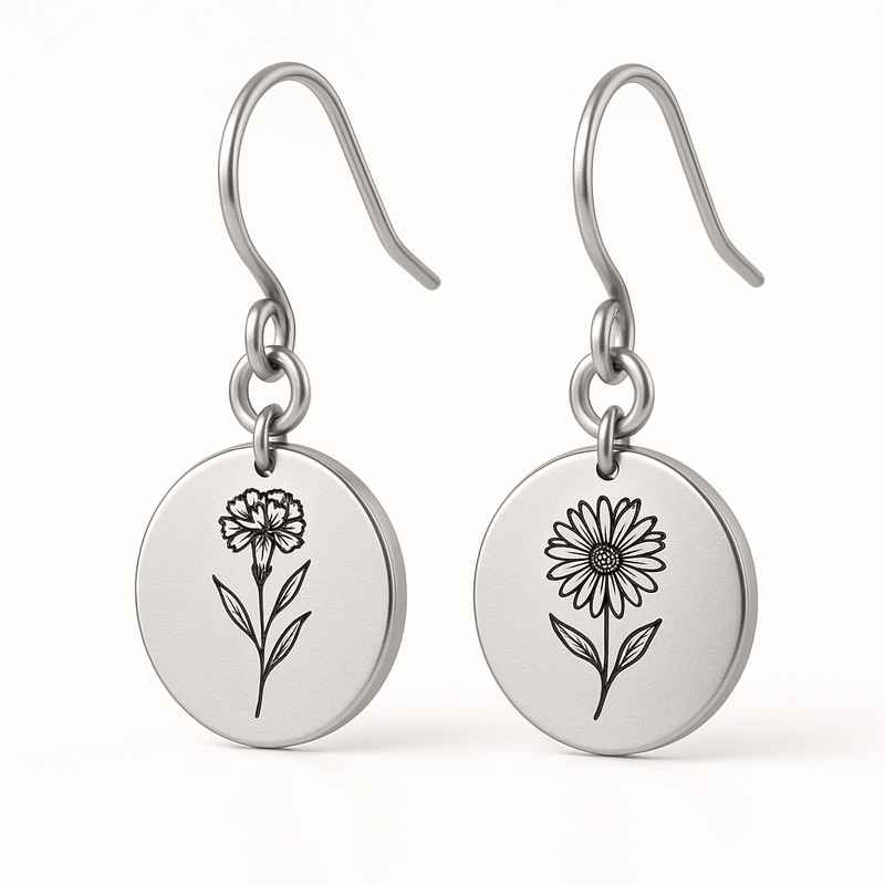 Custom Stainless Steel Birth Flower Earrings – Personalized Floral Dangle Drop