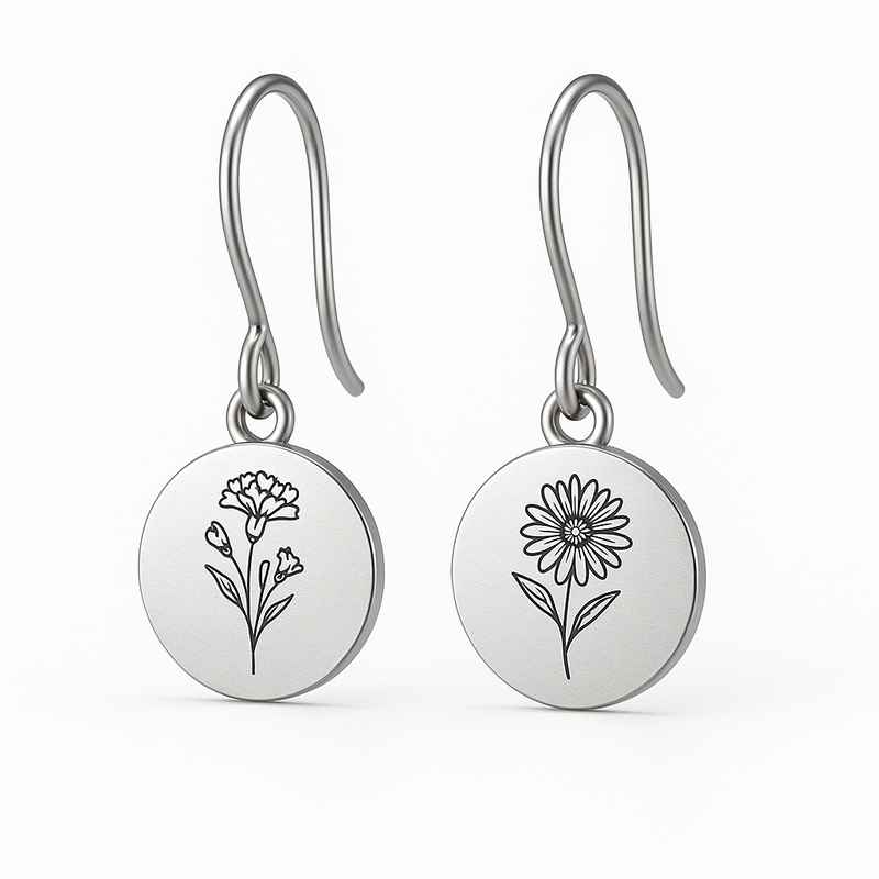 Custom Stainless Steel Birth Flower Earrings - Personalized Floral Dangle Earrings