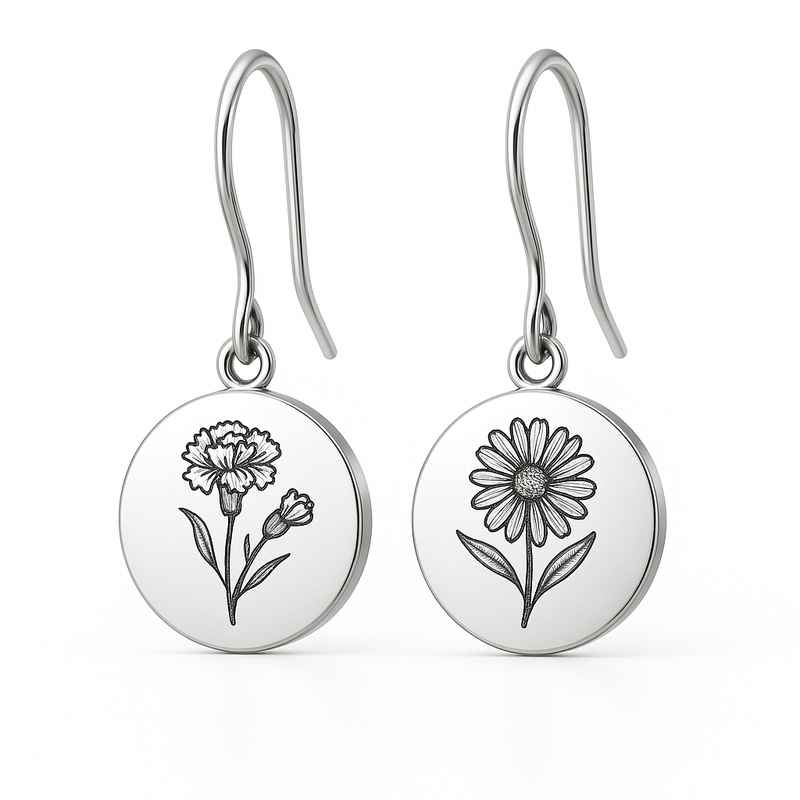 Custom Stainless Steel Birth Flower Earrings - Personalized Birth Month Floral Dangle Drop Earrings