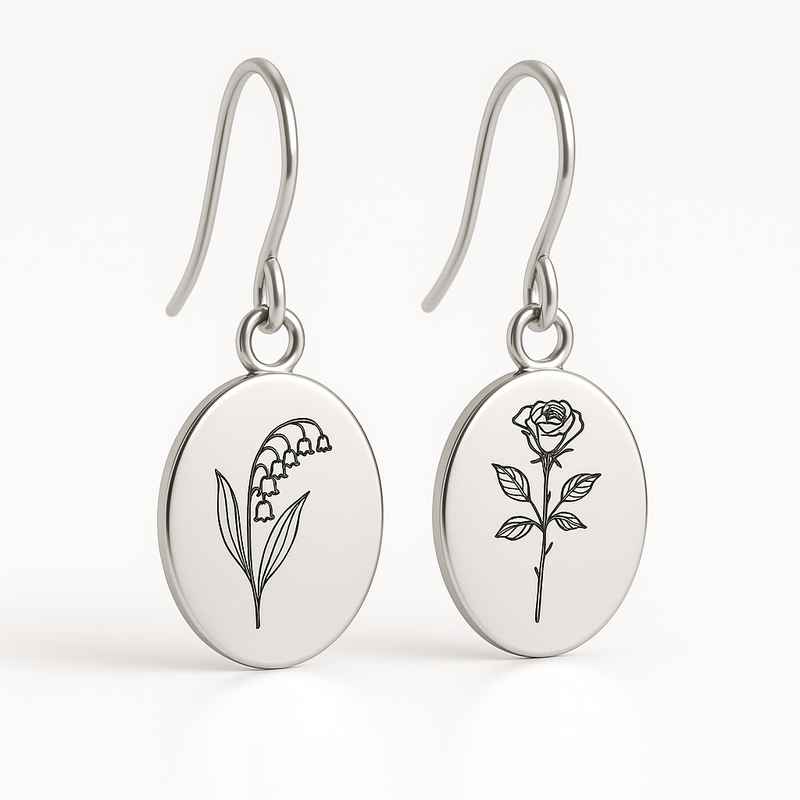 Custom Stainless Steel Birth Flower Earrings – Personalized Floral Dangle Drop Earrings