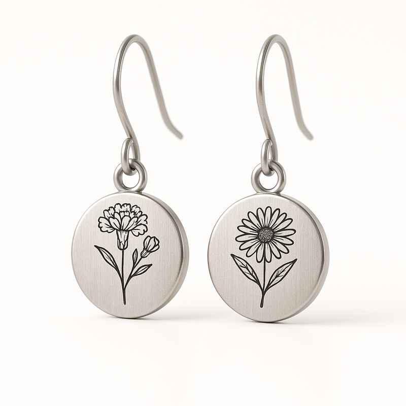 Custom Stainless Steel Birth Flower Earrings - Personalized Botanical Dangle Jewelry
