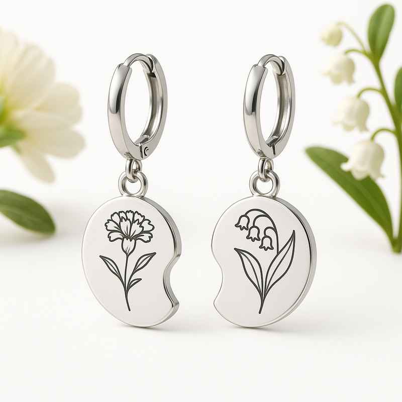 Custom Birth Flower Earrings - Stainless Steel Floral Dangle Jewelry