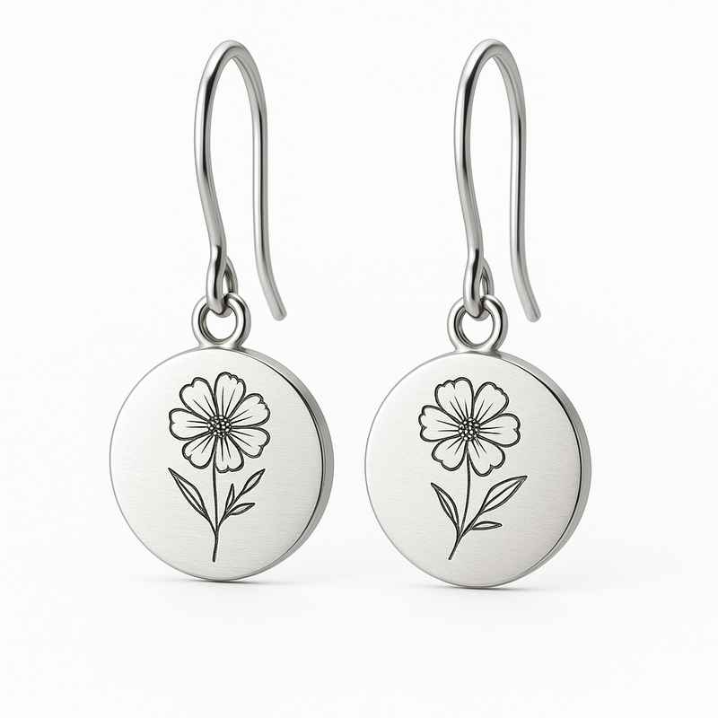 Custom Stainless Steel Birth Flower Earrings - Personalized Floral Dangle Drop