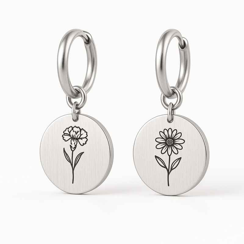 Custom Stainless Steel Birth Flower Earrings - Personalized Dangle Earrings