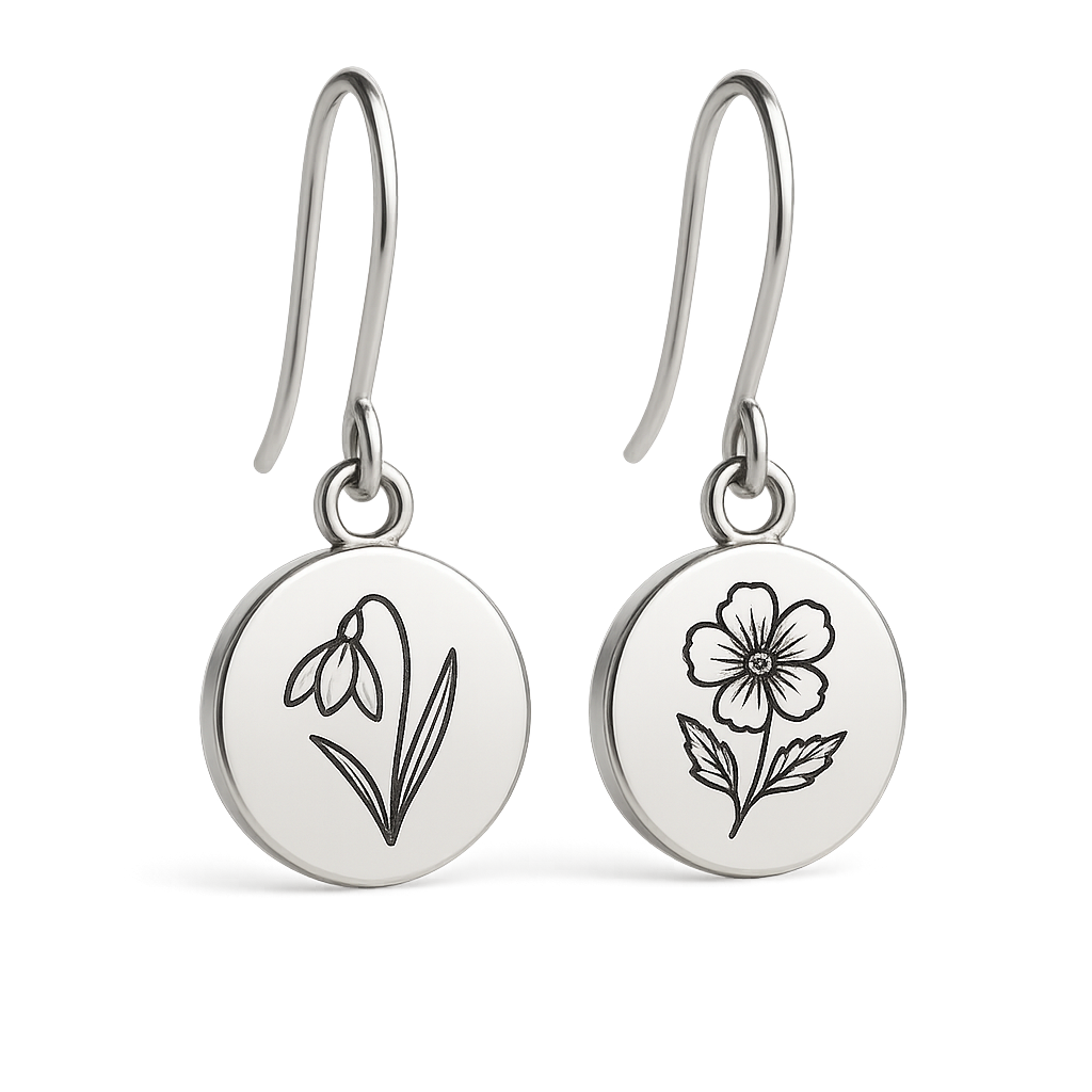 Custom Stainless Steel Birth Flower Earrings Floral Drop Dangle Custom Stainless Steel Birth Flower Earrings Floral Drop Dangle
