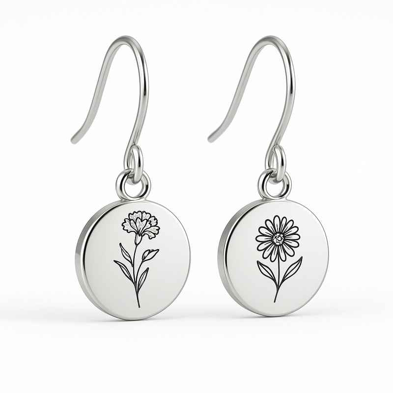 Custom Stainless Steel Birth Flower Earrings, Personalized Floral Dangle, Birth Month Drop