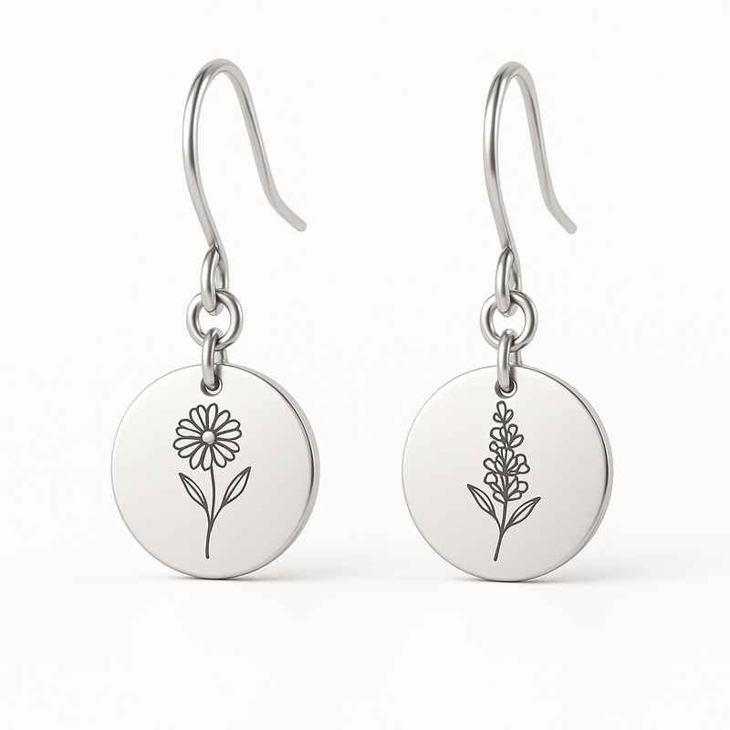 Custom Stainless Steel Birth Flower Earrings with Personalized Floral Drop