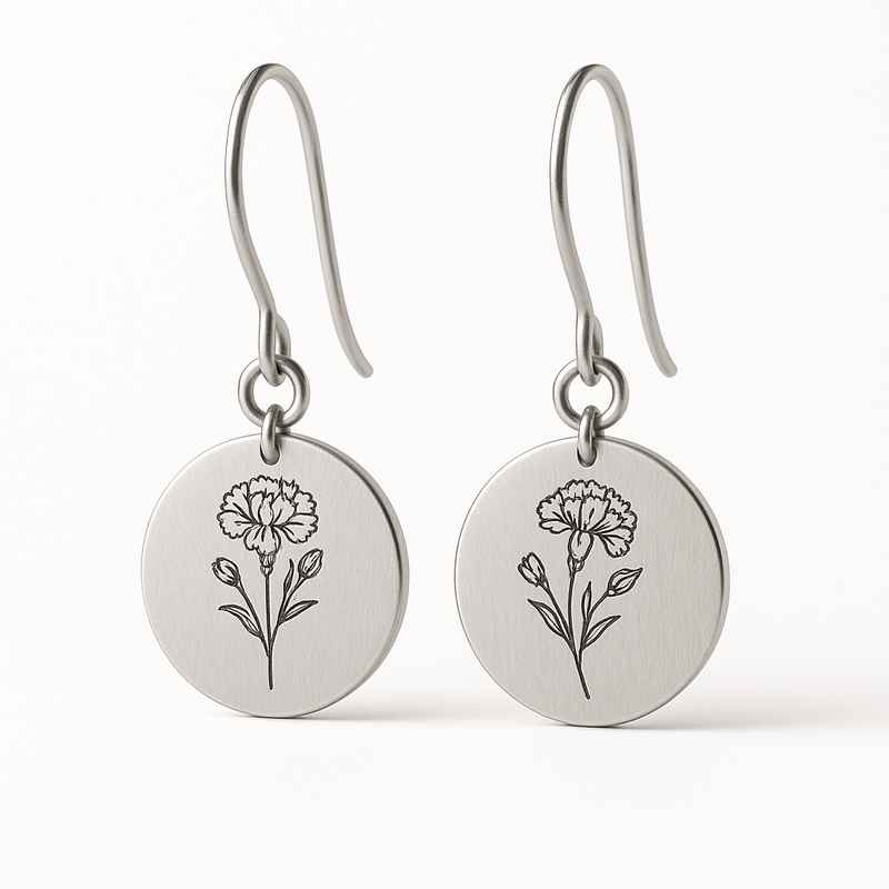 Custom Stainless Steel Birth Flower Earrings, Personalized Drop Dangle