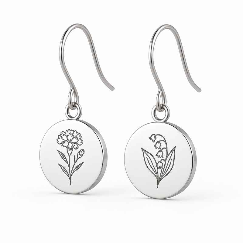 Custom Stainless Steel Birth Flower Earrings, Dangle Floral Drop