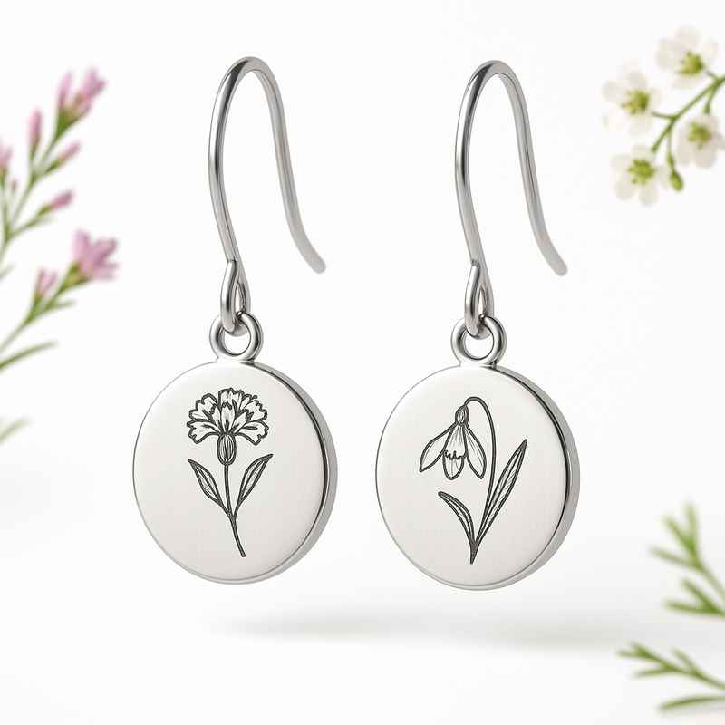 Custom Stainless Steel Birth Flower Earrings - Personalized Dangle Drops