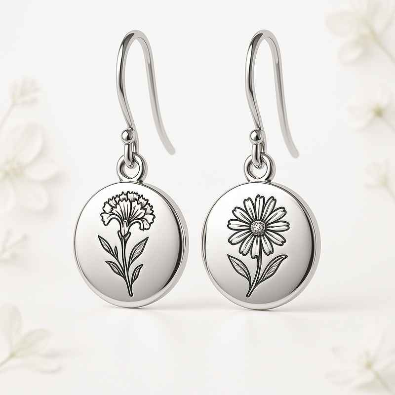 Custom Stainless Steel Birth Flower Earrings - Personalized Floral Dangle Drops