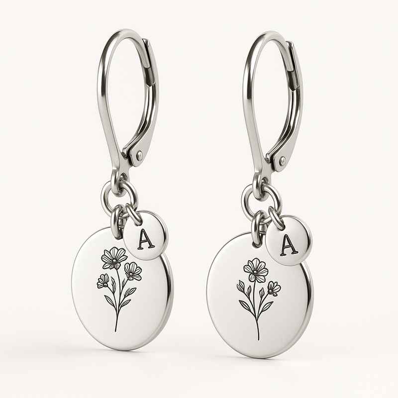 Custom Stainless Steel Birth Flower Earrings with Personalized Charm