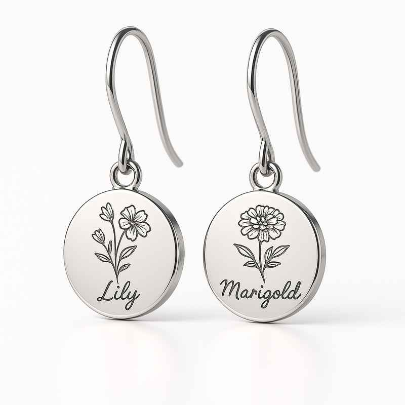 Custom Stainless Steel Birth Flower Earrings, Personalized Floral Dangle