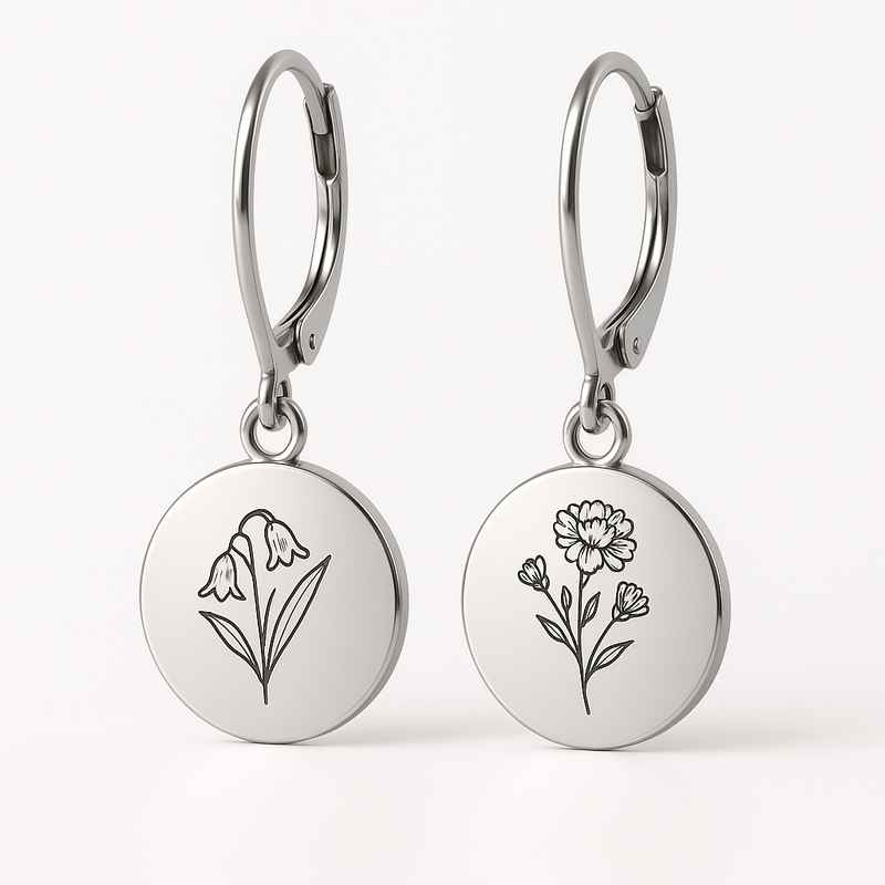 Custom Stainless Steel Birth Flower Earrings - Personalized Floral Dangle