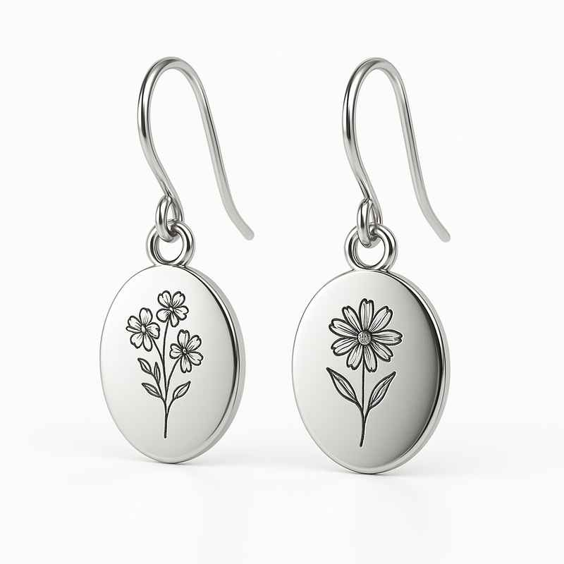 Custom Stainless Steel Birth Flower Earrings - Personalized Floral Dangle Drop Earrings