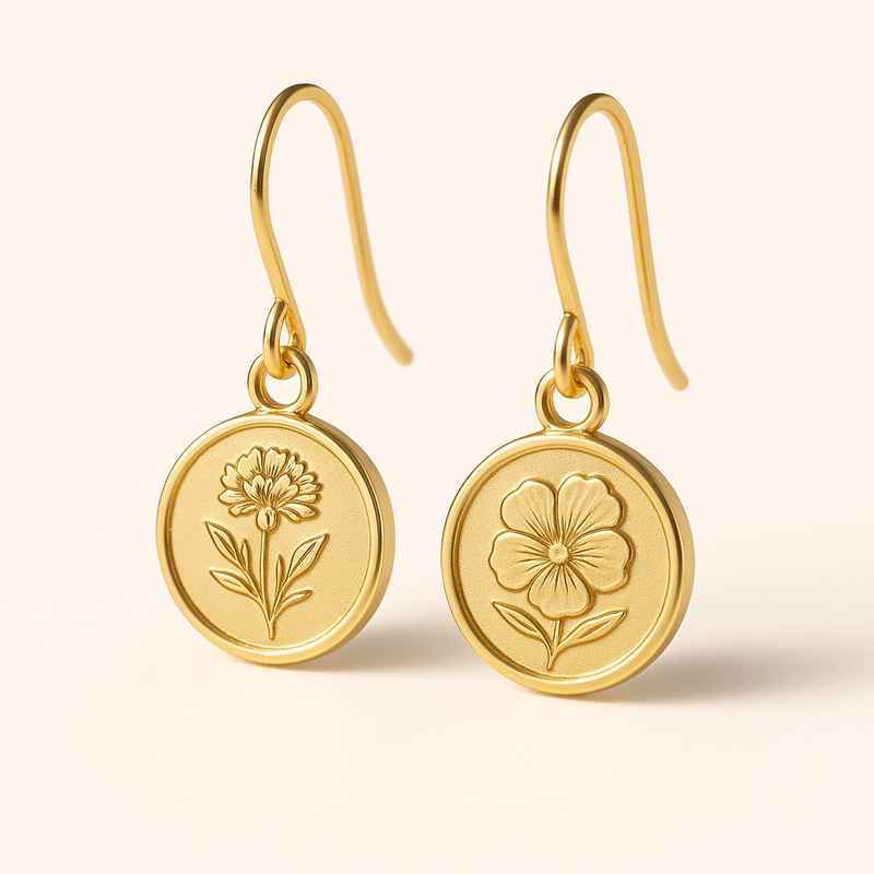Custom Gold Birth Flower Earrings - Stainless Steel Floral Drop Earrings