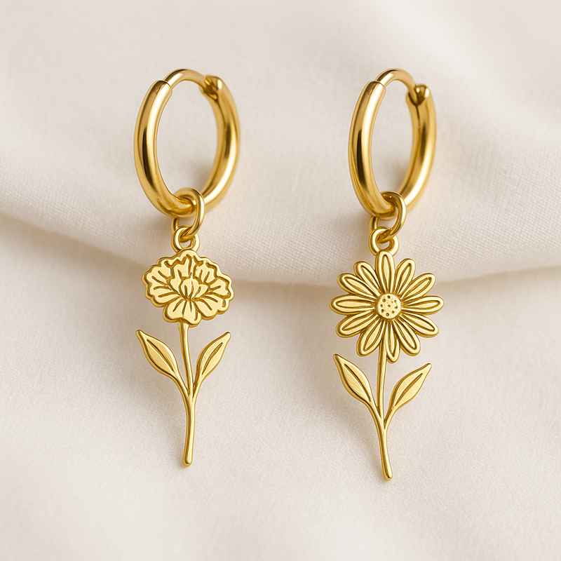 Custom Stainless Steel Gold Birth Flower Earrings - Personalized Floral Dangle