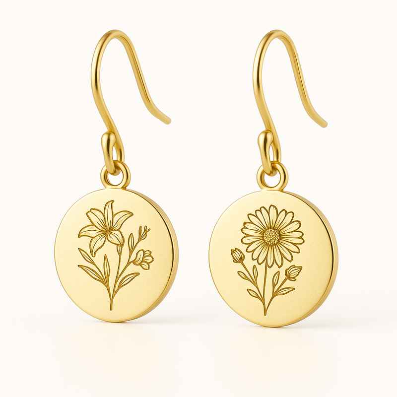 Custom Stainless Steel Birth Flower Earrings Gold Floral Drop