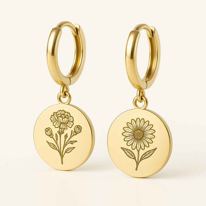 Custom Stainless Steel Gold Birth Flower Earrings - Floral Drop Dangle Jewelry