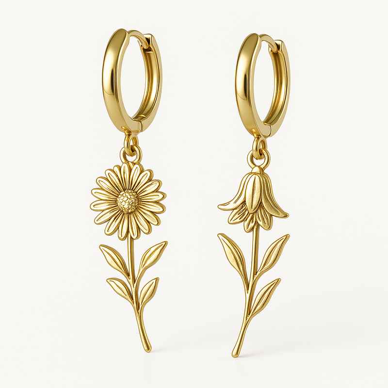 Custom Stainless Steel Birth Flower Earrings - Gold Floral Drop Earrings