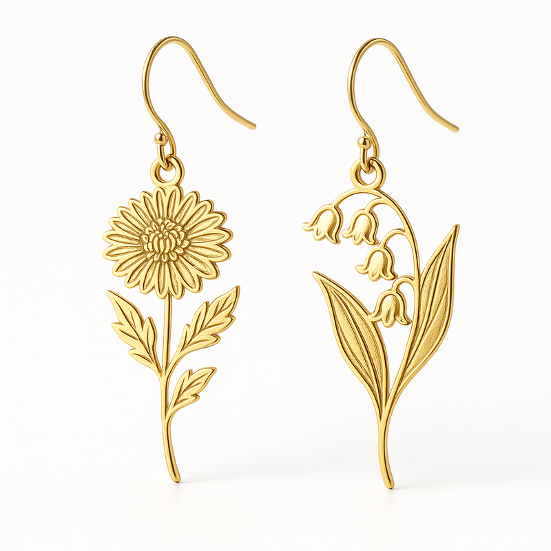 Boost Business Growth with Custom Gold Stainless Steel Earrings: Wholesale Floral Dangle Earrings by Birth Month