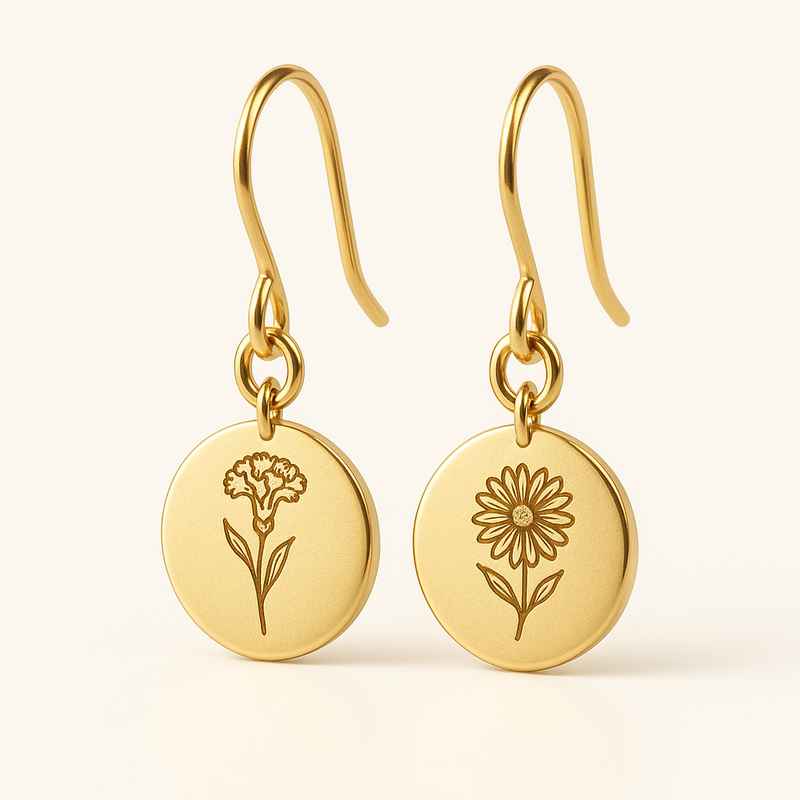 Custom Stainless Steel Gold Birth Flower Earrings - Personalized Floral Dangle Jewelry