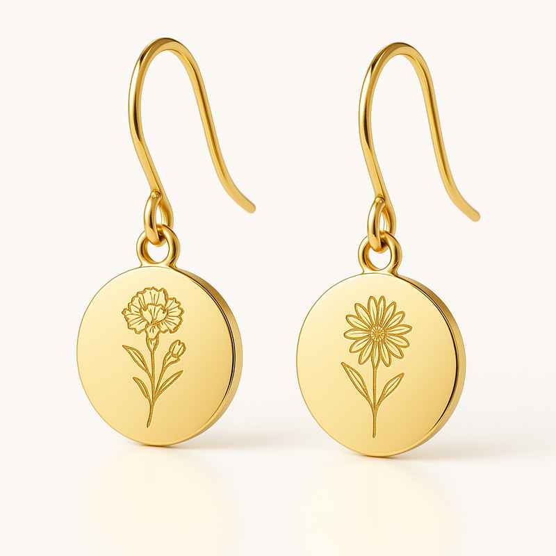 Custom Stainless Steel Gold Birth Flower Earrings Personalized Drop