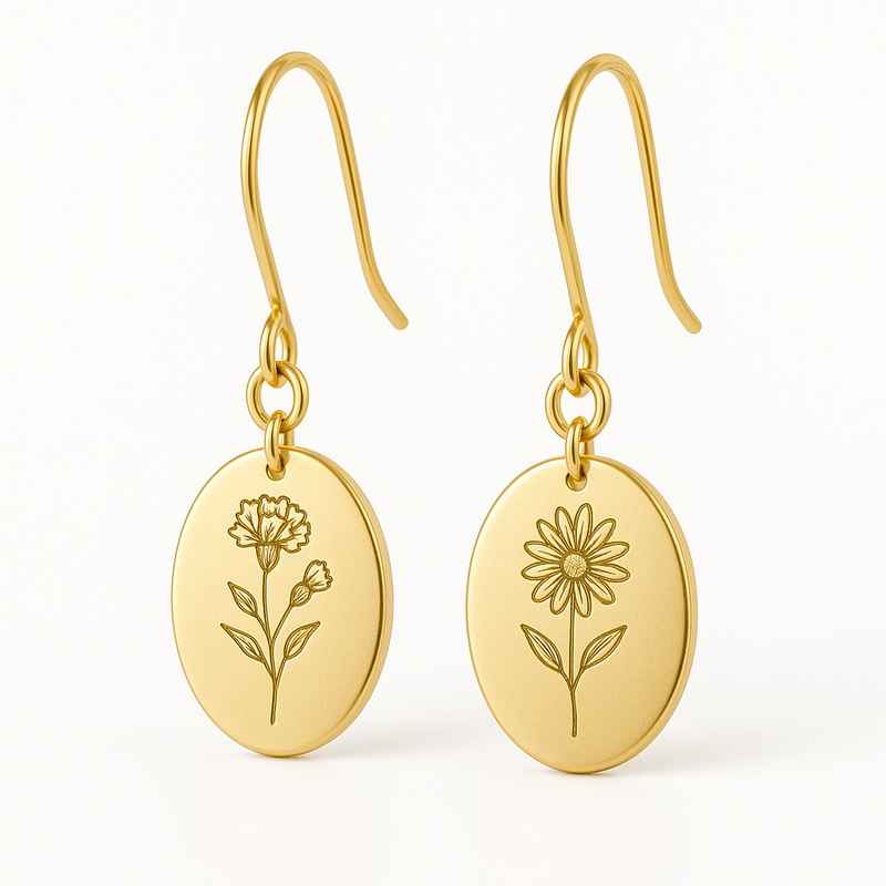 Custom Stainless Steel Birth Flower Earrings, Gold Floral Drop Dangle Earrings