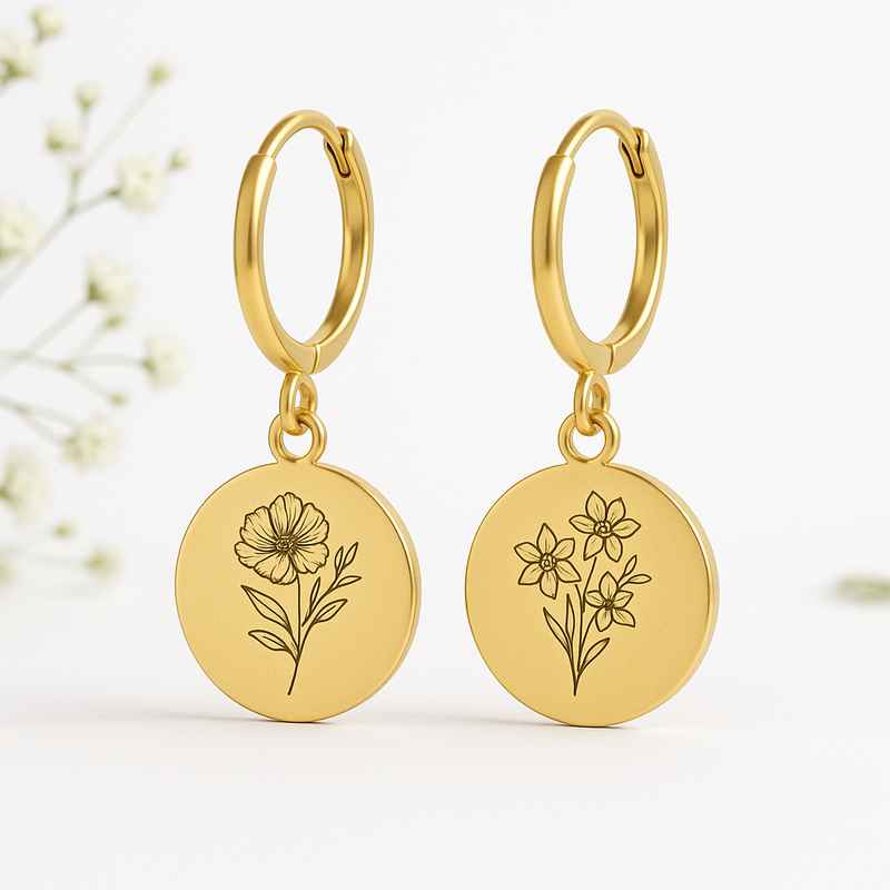 Custom Gold Birth Flower Earrings, Stainless Steel Floral Dangle Earrings