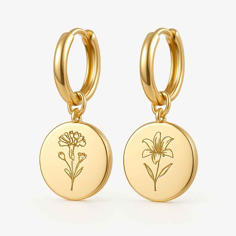 Custom Stainless Steel Birth Flower Earrings Gold Floral Dangle Personalized Drop