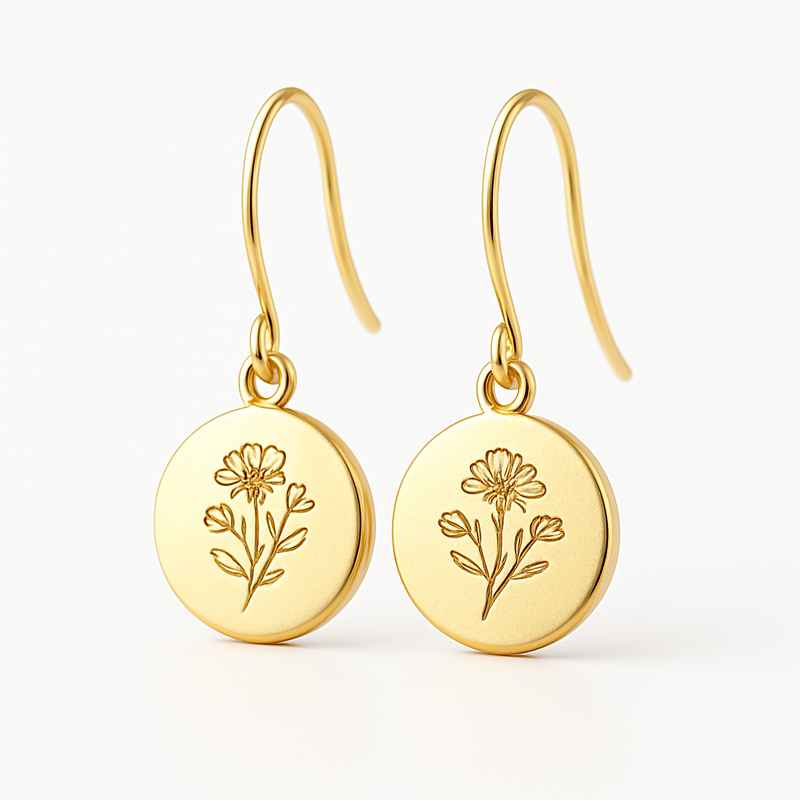 Custom Stainless Steel Birth Flower Earrings - Gold Floral Drop Dangle