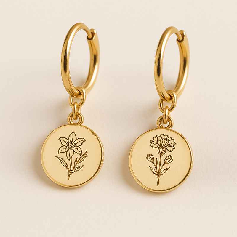 Custom Stainless Steel Birth Flower Earrings, Gold Floral Dangle Earrings