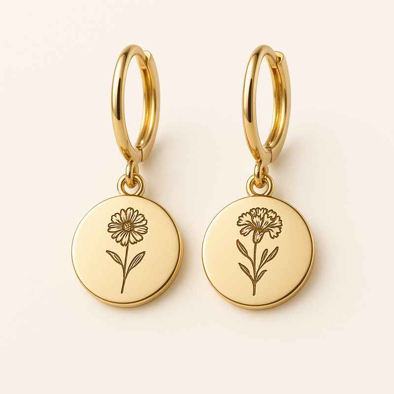 Custom Stainless Steel Birth Flower Earrings - Gold Floral Dangle Drop Earrings