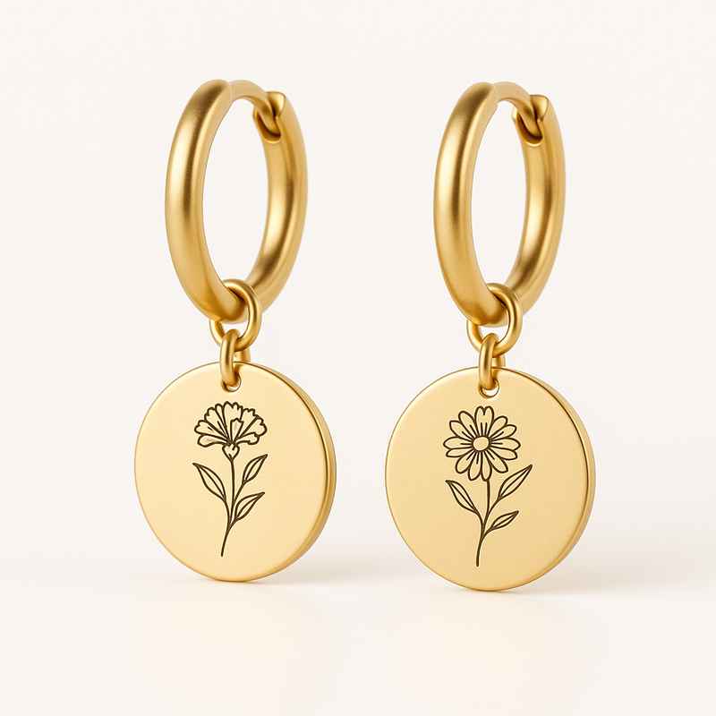 Custom Gold Birth Flower Earrings - Stainless Steel Floral Drop Dangle Earrings 1 Custom Gold Birth Flower Earrings - Stainless Steel Floral Drop Dangle Earrings