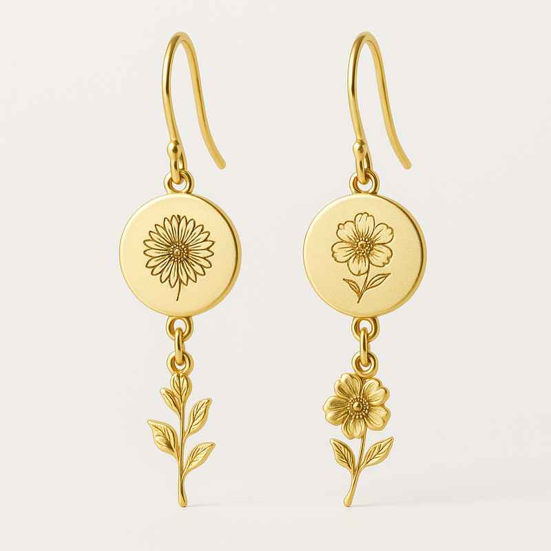 Custom Stainless Steel Birth Flower Earrings - Gold Floral Drop Earrings