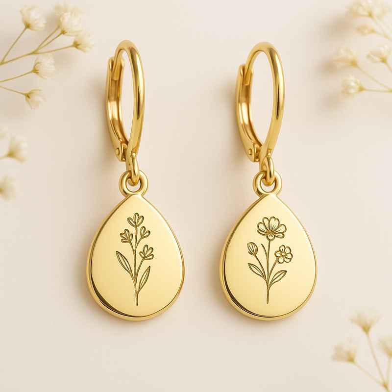 Custom Gold Birth Flower Earrings - Stainless Steel Floral Drop Dangle Earrings