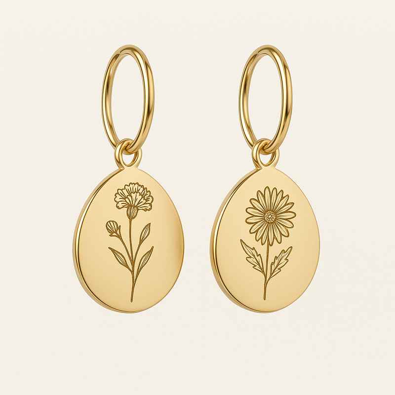 Custom Gold Birth Flower Earrings - Stainless Steel Floral Drop Earrings