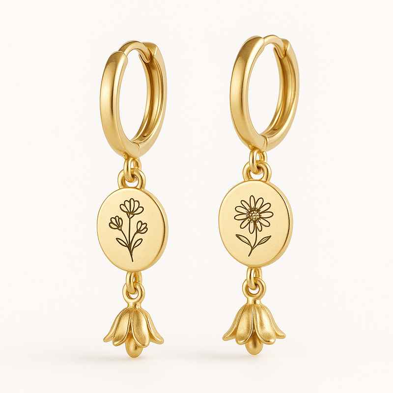 Custom Gold Birth Flower Earrings with Floral Drop Charm